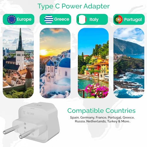 Image of rts EU Euro Europe Plug Adapter, Grounded European Travel Adapter for Spain Germany France Portugal Greece Russia Netherlands Turkey More for Cell Phones, Laptop Camera Chargers (1 Pack) White