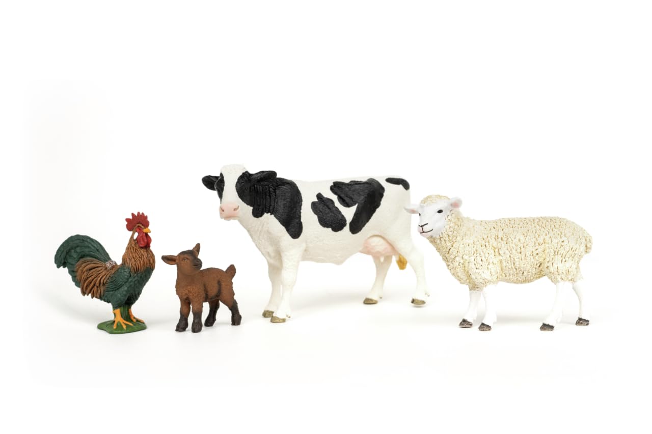 schleich FARM WORLD | Zestaw startowy farma 42729 | Zestaw z kozą, krową, owcą i kogutem | realistyczne figurki zwierząt i kolekcjonerskie | zabawka farma dla dzieci od 3 lat | zestaw 4-częściowy