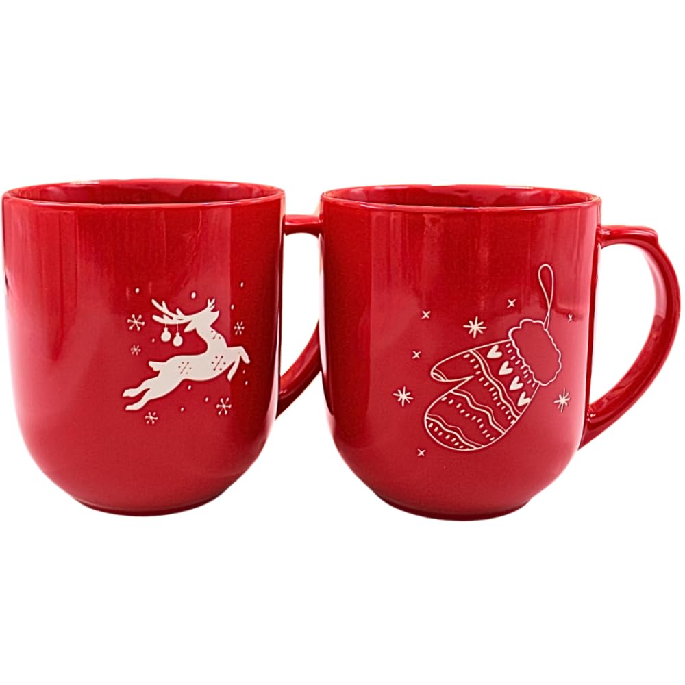 Dekohelden24 Jumbo Mug Set, Coffee Mug, Mulled Wine Mug, Winter Glove Made of Porcelain in Red and White, Size: L/W/H Approx. 15 x 11 x 12 cm, Capacity 820 ml, XXL Deer, 12 cm