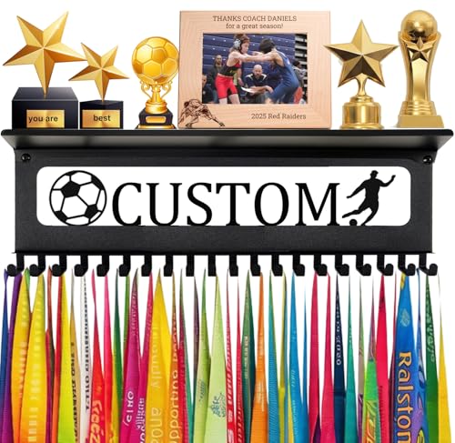 Image of Personalized Medal Holder with Name Display Rack for Awards Ribbons - Metal Custom Sports Race Plaques Hanger for Wall Mount Hold Up 63 Medal Hanger Display for Athlete Boy Girl Kid