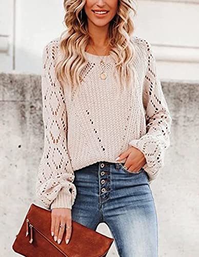Image of Womens Fall Sweaters Fashion Crochet Long Sleeve Off The Shoulder Clothes Cute Crewneck Knit Pullover Jumper Tops