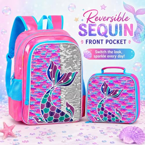 Image of 3Pcs Mermaid Girls Backpack, 16 inch Sequin Fish Tail Bookbag Set for Kids, Elementary Preschool Preschool School Backpacks with Lunch Box (Rose)
