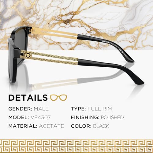Versace VE4307 58mm Non-Polarized Square Sunglasses for Men – Black Acetate Frame with Black & Gold Temples, 100% UV Protection, Lightweight & Comfortable Sunglasses, eShades Eyewear Kit Included2