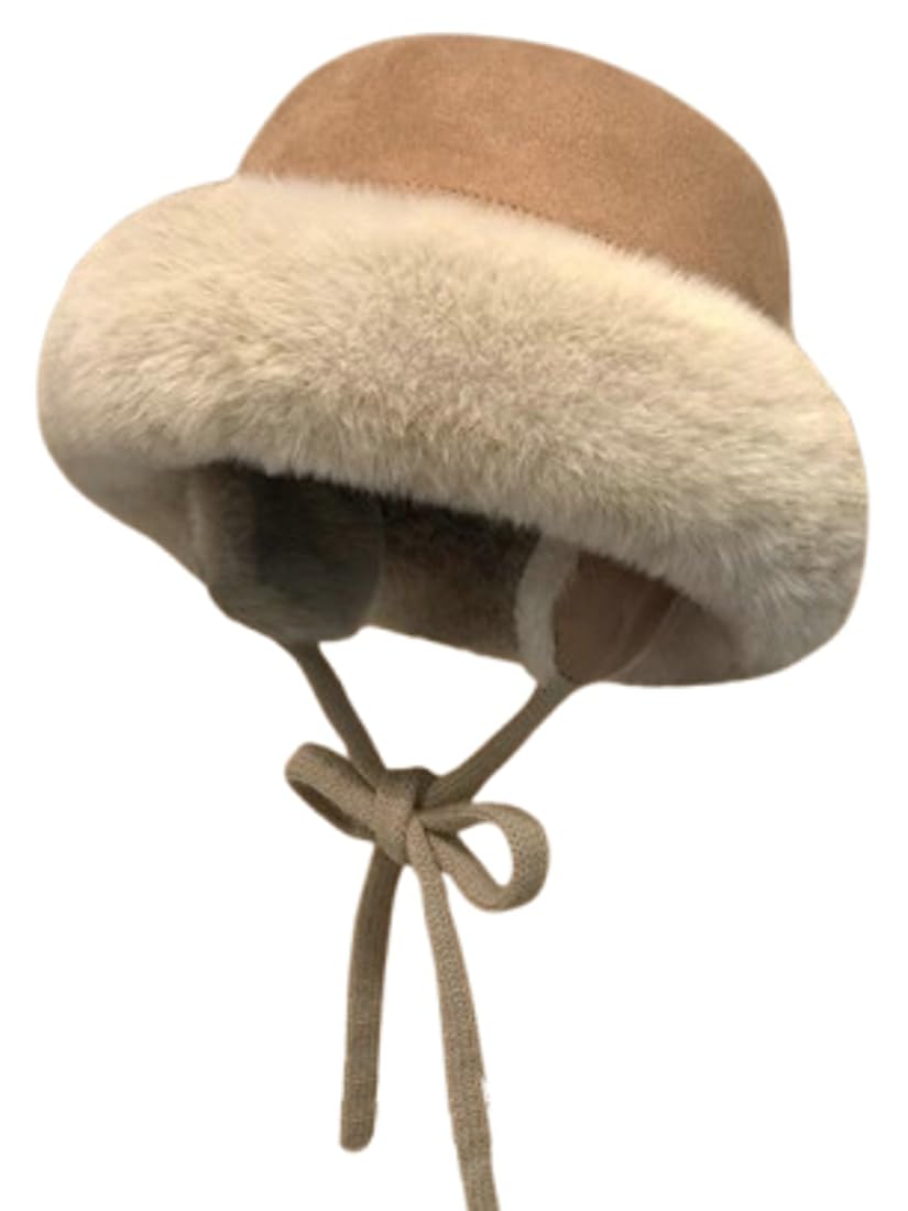 Winter Suede Bucket Hat with Ear Flaps Women Men Fuzzy Beanie Hat Faux Fur Fisherman Cap Beanies Hat Cloche Aviator Caps Khaki