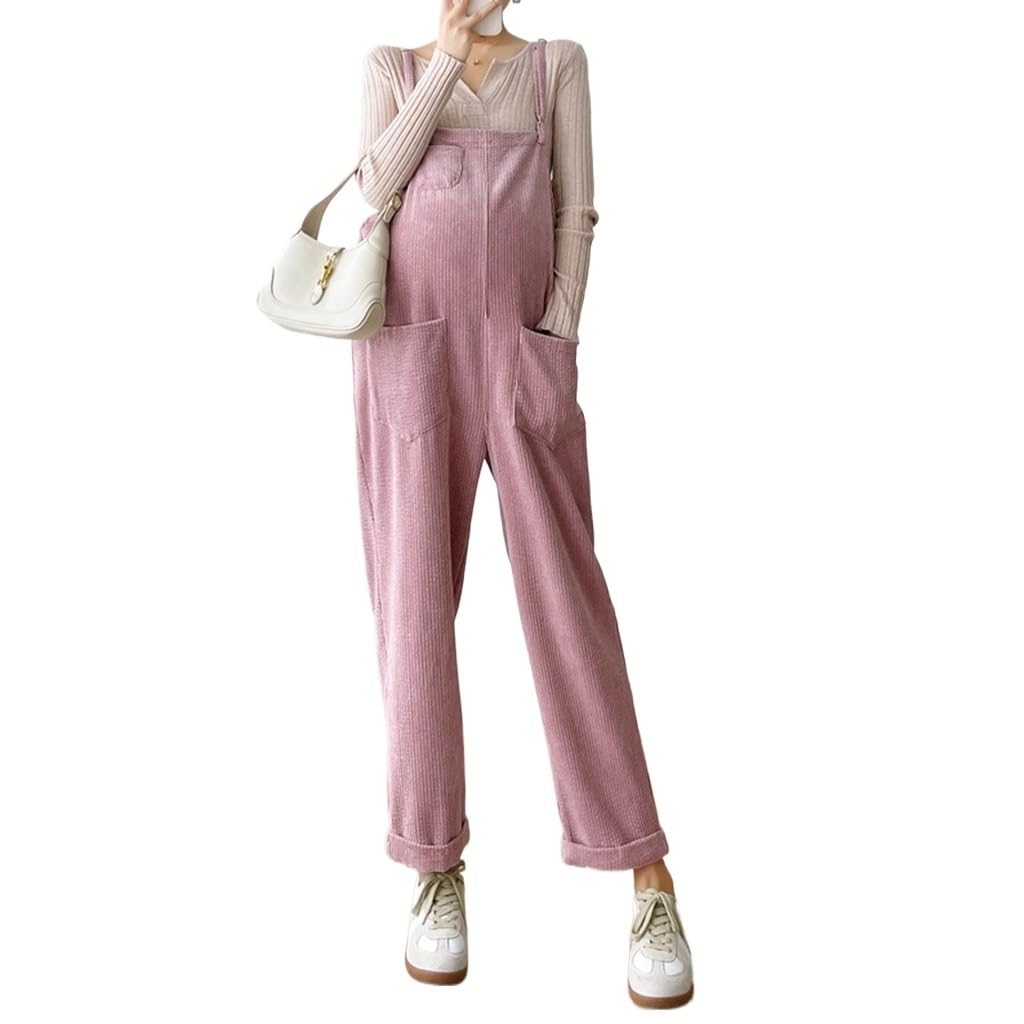 FaroLyWomen's Maternity Corduroy Overalls Casual Loose Sleeveless Adjustable Strap Wide Leg Jumpsuits with Pockets (Color : Pink, Size : Medium)