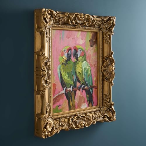 WERNS Design Gemälde Parrots, Papageienmotiv handbemalt, mehrfarbig mit goldenem Rahmen, 44x5x54cm, Wandkunst