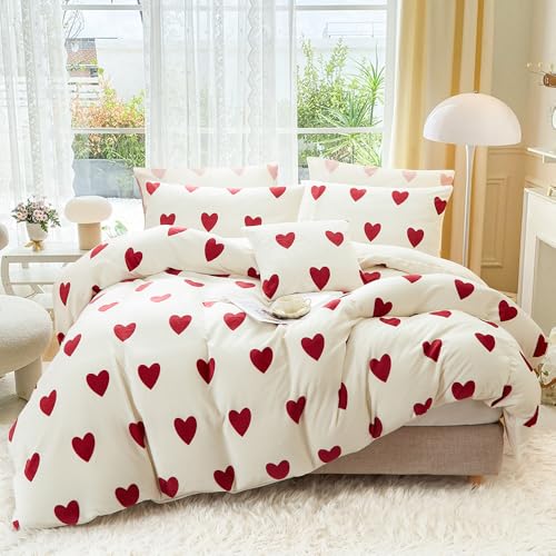 Covebett Flanell Bettwäsche 200x220 Herzen Rot Weiß Winter Biber...