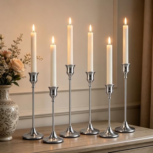 Filltown Kerzenständer Silber 6 Stück, Kerzenhalter Silber Candle Holder, Vintage Stabkerzenhalter Stabkerze für