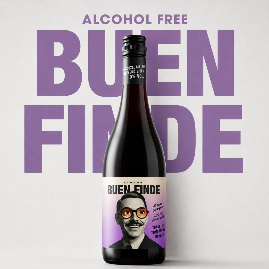 Buen Finde® Vino Sin Alcohol 0,0% Tinto Tempranillo | Pack 6 Botellas x 750 ml | Vino Desalcoholizado Premium | Bajo en calorías, vegano, equilibrado y afrutado