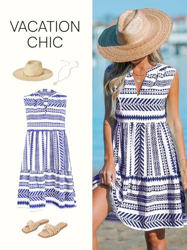 Image of CUPSHE Women's Ruffle Beach Mini Dress Split V Neck A Line Sleeveless Geometric Stripe Tropical Leaf Pattern Summer Dresses