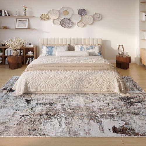 Modern Abstract 5'x7' Area Rugs - Machine Washable, Non-Slip Low Pile Boho Carpet for Living Room, Bedroom, Dining Room, Farmhouse, Kids Playroom, Office - Brown