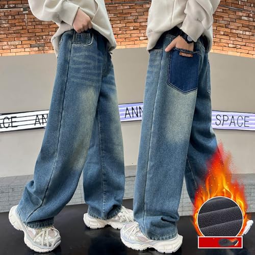 Boys Fleece Lined Jeans Kids Vintage Elastic Waist Denim Pants Y2K Streetwear with Pockets Fall Winter 4-12 Years2