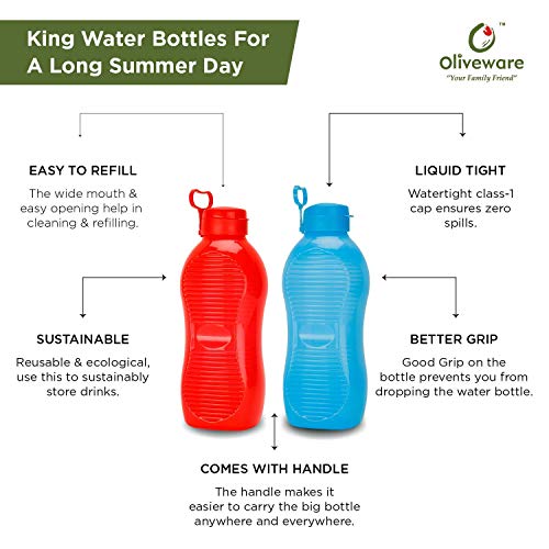 Image of oliveware King Premium Plastic Water Bottle | Sturdy with Holder | BPA Free with 100% Leak Proof | 2 Litre - Set of 2 (Red)