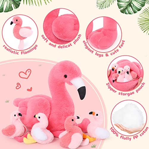 MorisMos 45cm sitzend Plüsch Flamingo mit 4 Baby im Bauch, Rosa Süß Kuschelig Flamingon Plüschtier Stofftier, Weich Spielzeug Dekokissen Geburtstag Themeparty Weihnachten Geschenk