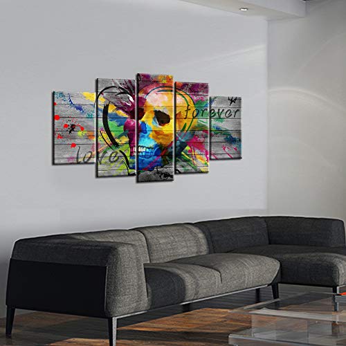 Sechars 5 Piece Large Wall Art Abstract Colorful Skull Painting Poster Pop Graffiti Skull Love Art Prints For Living Room Pub Bar Wall Decor Gift For Man Overall Size 60"X32" #TOP1