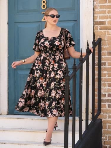 Image of RITERA Plus Size Dresses for Curvy Women Square Neck Short Sleeve Summer Floral Smocked Maxi Dress with Pocket XL-5XL