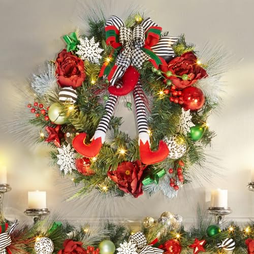 24 Inch Pre-lit Christmas Wreath for Front Door, Battery Operated Xmas Wreath with 20 LED Lights and Elf Legs Boots Christmas Ball Ornaments Bows for Home Winter Holiday Decor