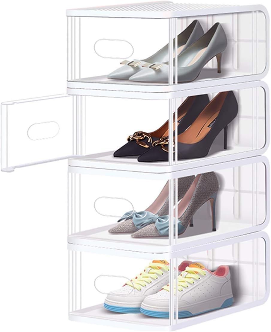 Étagère à chaussures blanche et boîtes de rangement empilables en plastique avec porte