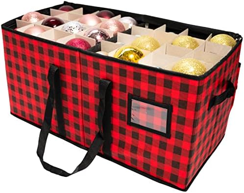 Christmas Ornament Storage Box with Zippered Closure [1-Pack], Hold 128 Christmas Balls Holiday Ornaments Holiday Ornament Storage Cube Organizer Christmas Chest with Dividers Red and Black