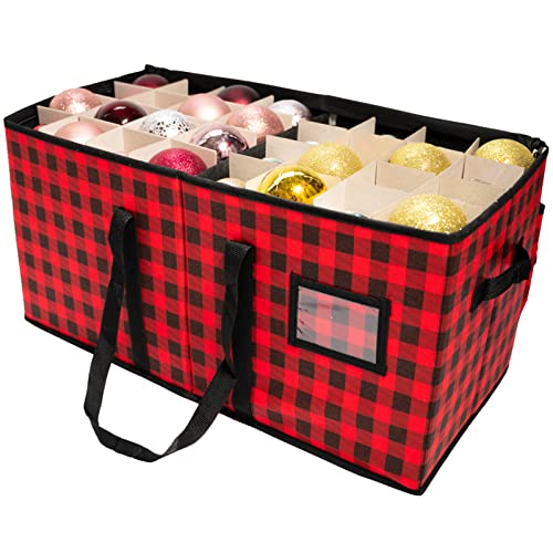 Christmas Ornament Storage Box With Zippered Closure [1-Pack], Hold 128 Christmas Balls Holiday Ornaments Holiday Ornament Storage Cube Organizer Christmas Chest With Dividers Red And Black #TOP2