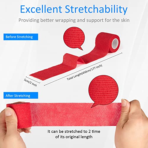 12Pcs 2”X 5 Yards Self Adhesive Bandage Wrap Elastic Bandage Wrap Self Adherent Cohesive Wrap Bandages For Wrist Ankle Vet Tape For Dogs Athletic Swelling Sprains Tape Grip Cover (Red) #TOP1