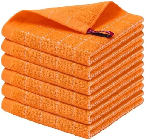  100% Cotton Terry Kitchen Dish Cloths, 6 Pack, Orange | Ultra Soft and Absorbent Dish Towels for Kitchen, Suitable for Drying and Washing Dishes