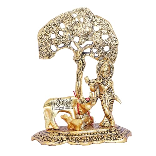 Image of Premium Golden Finish Metal Krishna Playing Flute with Cow Sculpture, Decorative Hindu God Murti for Mandir, Office, Festive Gift and Home Decoration