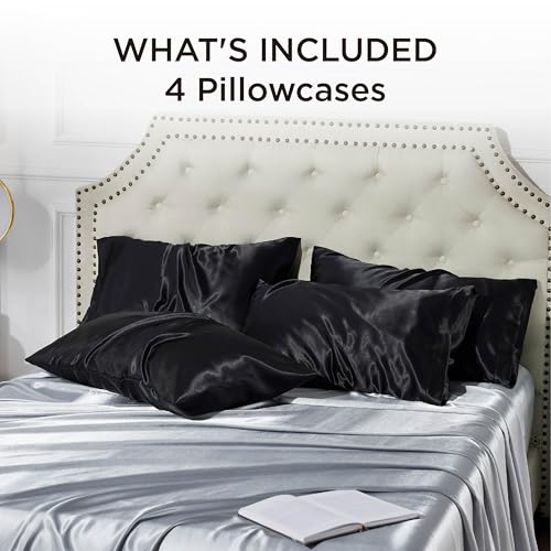 Image of Bedsure King Size Satin Pillowcase Set of 4 - Black Pillow Covers for Hair and Skin 20x36 Inches with Envelope Closure, Similar to Silk Pillow Cases, Gifts for Women Men