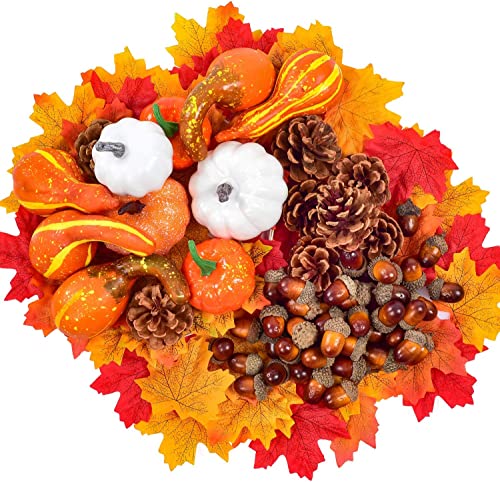 120 Stück künstliche Kürbisse zur Ernte, Verschiedene Dekorationen, gefälschte Ahornblätter, Mini-Kürbiszapfen und Eicheln, für Halloween, Erntedankfest, Herbst, Party, Dekoration… Cover