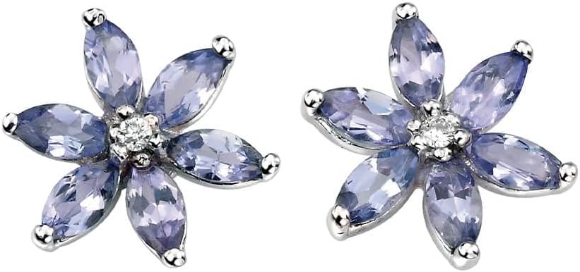 Elements Gold 9ct White Gold Tanzanite and Diamond Flower Stud Earrings