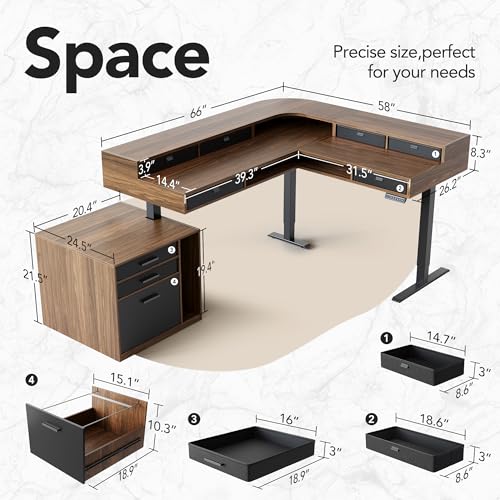 Image of HUANUO 85 inch Electric L Shaped Standing Desk with File Cabinet, Walnut | 65 inchx58 inch 2-Tier L-Desk,File Cabinet, 6 Drawers,220lbs Carbon Steel,4 Memory Presets, 27.6 inch-46.5 inch Adjustable Height