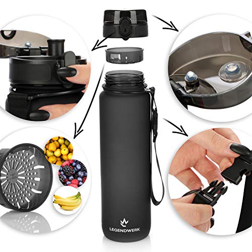 Legendwerk® 1L "LegendBottle" + Fruitzeef - BPA-vrij gemaakt van Tritan, Waterfles voor Sport, Fitness, Fietsen, Universiteit, Wandelen, Joggen, Kamperen - Licht, Duurzaam (zwart) - Image 4