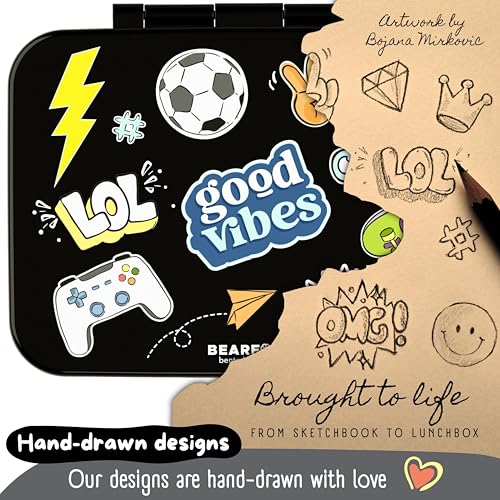 Image of BEARFOOT Kids Lunch Box with Compartments - Compact & Lightweight | Leak-Proof, BPA-Free, Dishwasher Safe | Hand-Drawn Design for Preschool, School, Travel (Sticker Black, 2.75 Cups)