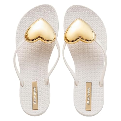 HoaloX Women's fashionable slippers - Heart-shaped flip-flops with EVA sole and PVC upper. Comfortable and soft. Suitable for daily use or for trips to the beach. (BEIGE,8)