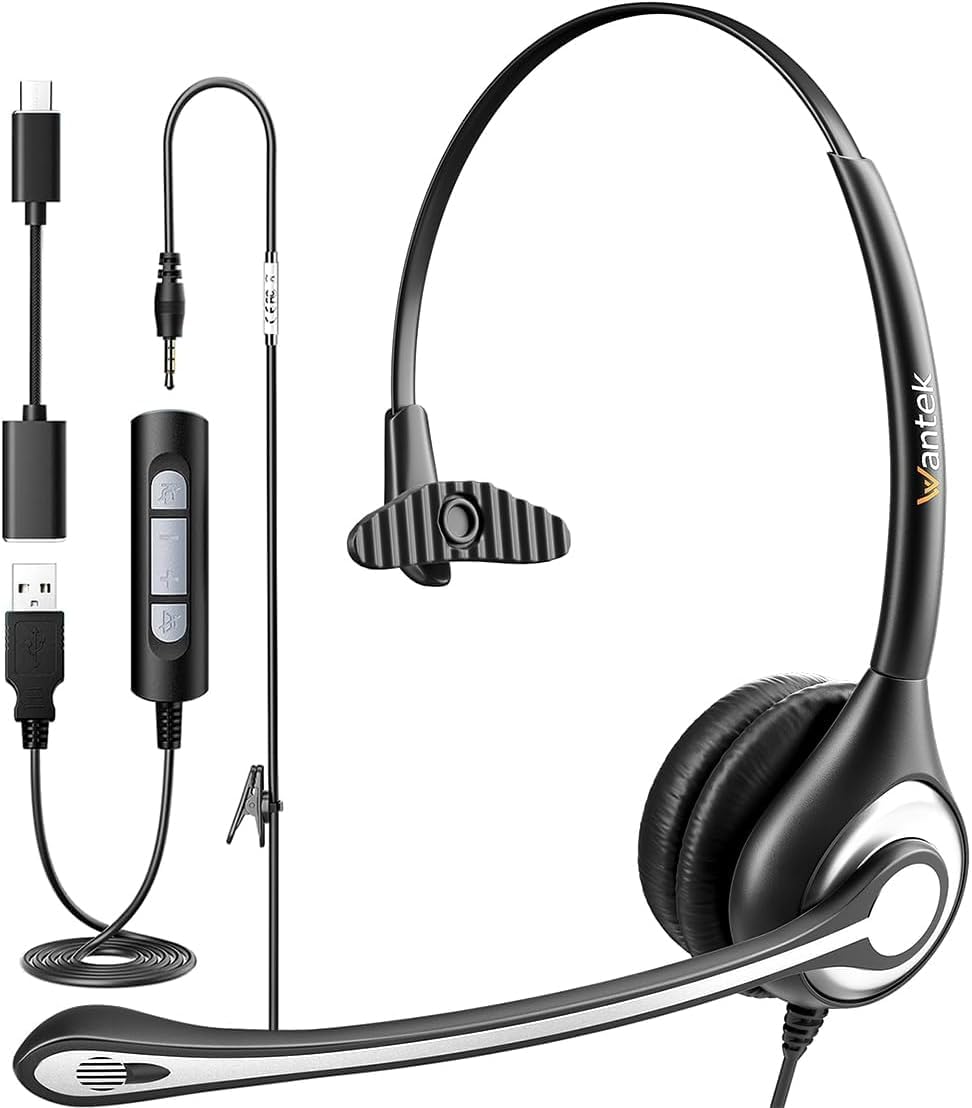 Headset wtih Mic, USB Headset with Microphone for PC, Computer Headset with Noise Canceling Microphone with Mute for Home Office Online Skype Zoom Meetings