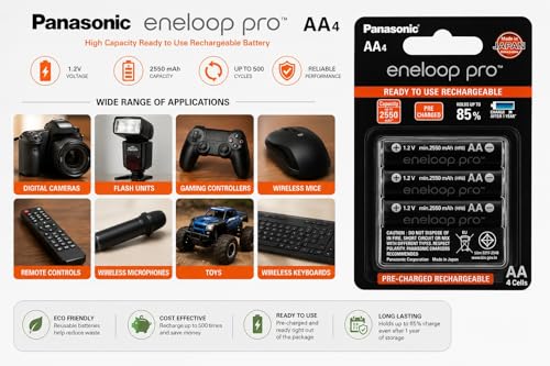 Image of Compatible with P@nasonic Eneloop Pro BK-3HCDE /4BT AA Rechargeable Batteries 2550mAh 1.2V Ni-MH Pre-Charged AA Cells Made in Japan for Camera Flash Xbox Controller High Drain Devices (4 Pack)