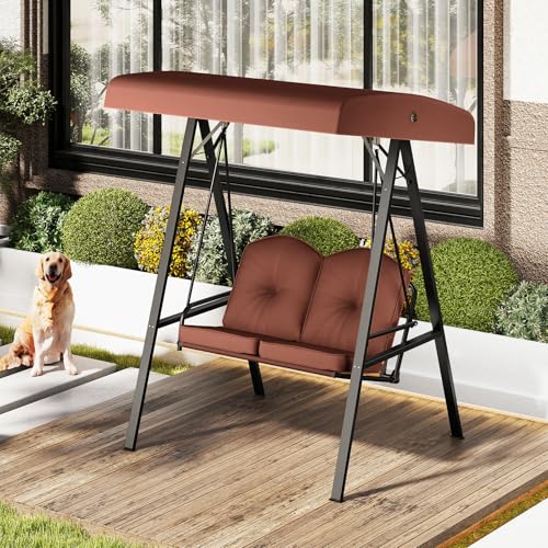 Image of HAPPYGRILL 2-Person Porch Swing, Outdoor Loveseat Swing with Adjustable Canopy & Heavy-Duty Metal Frame, Cushioned Swing with Stand for Porch, Backyard, Garden (Brown)