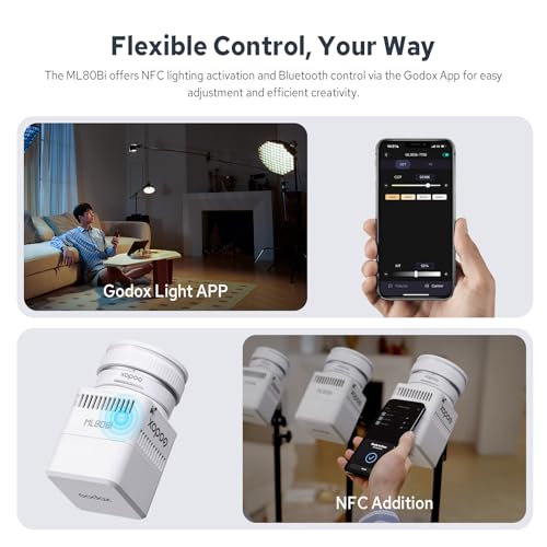 Image of Godox ML80Bi COB Video Light w /95Wh Detachable Battery, Brighter Bi-Color Led Video Light 29600lux@5600K 1m, CRI 96, 2800K-6500K,11FX, Dimming 0%~100%, Portable Continuous Output Lighting Photography