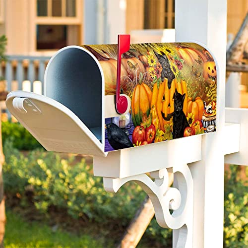 Image of Texupday Fall Harvest Sunflower Pumpkin Black Cat Mailbox Cover with Magnetic Strip Autumn Thanksgiving Mailbox Wraps Post Letter Box Cover Standard Size 21 inch X 18 inch for Garden Outdoor Yard Decor