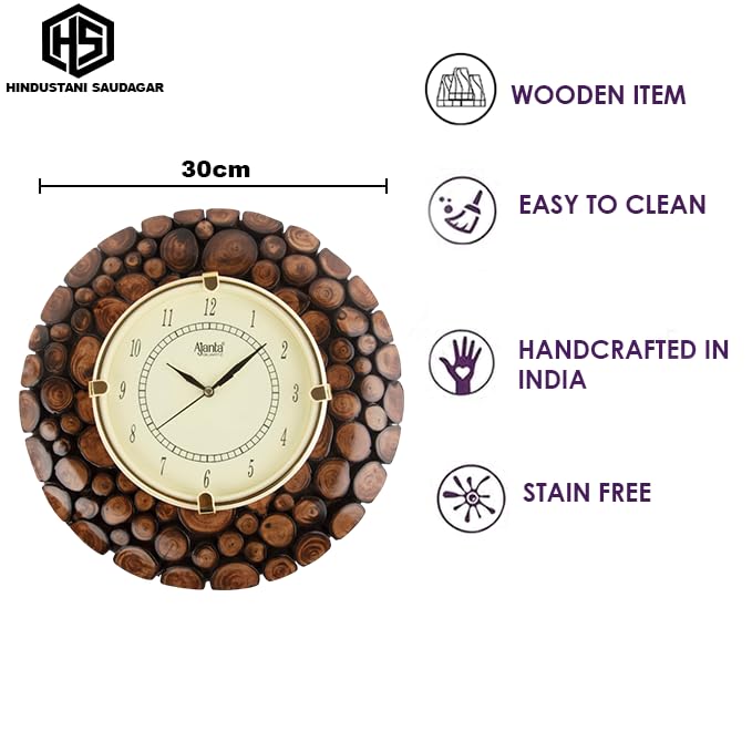 Image of HS HINDUSTANI SAUDAGAR Nature Knots Wooden wall Clock Handcrafted lyptus Wood Ideal for Home Decor Living Study Bedroom Dining Guest Room Kitchen Hall Size: 30 cm Diameter (11.81 inches)