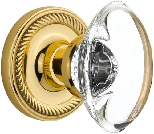 Nostalgic Warehouse 717661 - Roseta de cuerda con pomo ovalado de cristal transparente, privacidad, 2.75 pulgadas, latón pulido