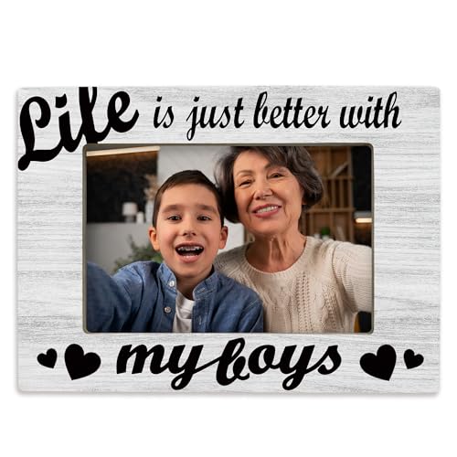 Hiuwevt Mom and Son 4x6 Picture Frame, Boy Mother Gifts Photo Frame, Mom and Son Gifts, Life Is Better with My Boys Wooden Picture Frames for Wall or Tabletop Display