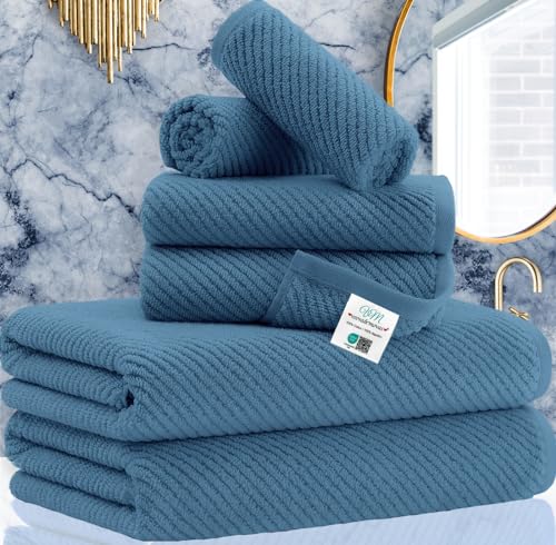 VOOVA & MOVAS Blue Towels Bathroom Sets, 100% Cotton | Lightweight | Soft | Quick Dry | Thick, Towel Set of 6, 2 Large Bath 30