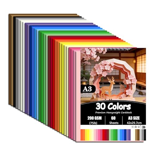 60 Sheets Coloured Card A3 30 Assorted Colours 200 g/m Card Stock Craft Card for Printing Invitations Scrapbook Crafts 42 x 29.7 cm