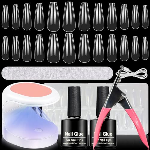 BNWRRCVKE Capsule Americaine Ongle, 504 PCS Kit Pose Americaine Ongles, 12 Tailles Longs Ongles à Presser Transparents, kit faux ongles with mini UV Lampe 2 Ongle gel 1 Coupe-ongle 1 lime ongle