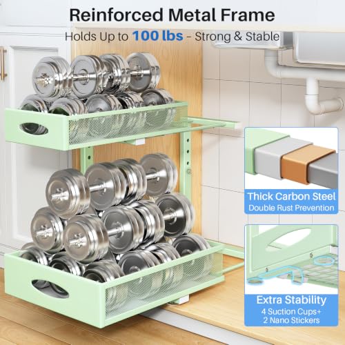 Image of Under Sink Organizer, 2 Tier Pull Out Under Cabinet Organizer Shelf with Pad for Framed Cabinets, Metal Slide Out Under Sink Storage, Mesh Sliding Drawers for Kitchen Bathroom Laundry(Green, 1 Pack)