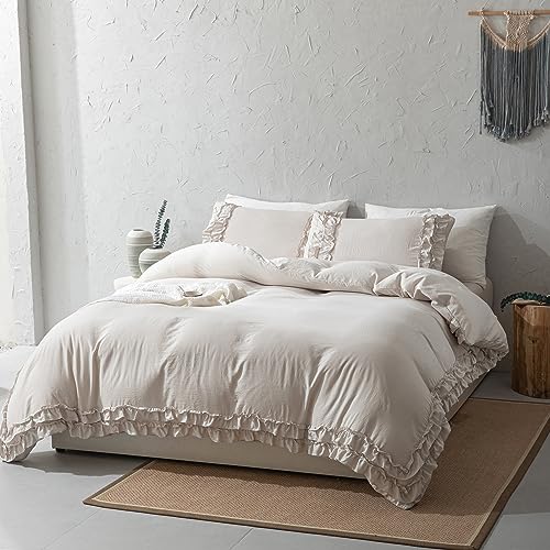 Herside Beige Grey Duvet Cover Set King Ruffle Bedding Chic 2-Layers Cute Ruffled Design Boho Farmhouse Bedding Sets 1 Duvet Cover 2 Pillowcases (Beige - Image 2