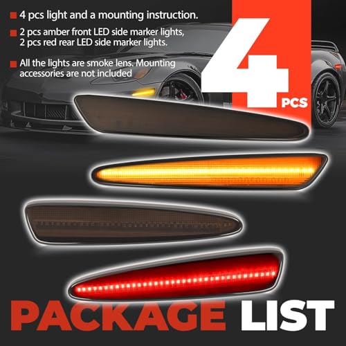 HECASA 4PCS LED Side Marker Lights Compatible with 2005-2013 Chevrolet Chevy Corvette C6 Z06/ZR1/Grand Sport Replacement for GM2550196 GM2551196 Side Marker Signal Lamp Smoke Lens Front Amber Rear Red by HECASA - Image 6