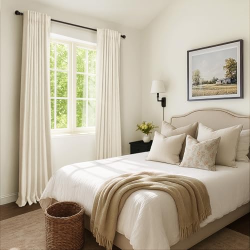 INOVADAY 100% Blackout Curtains 105 Inches Length 2 Panels Set, Back Tab/Rod Pocket Linen Black Out Curtains for Bedroom, Thermal Insulated Window Drapes - Light Cream, W50 X L105