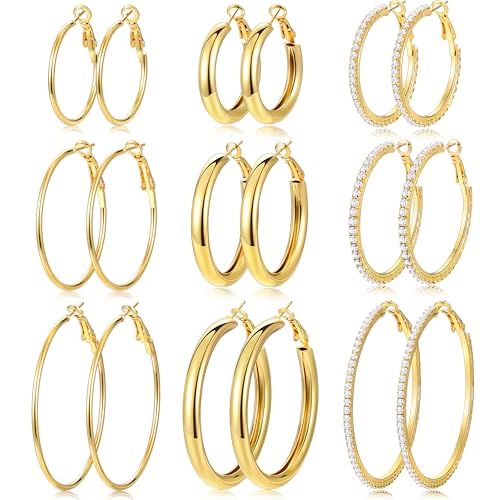 Image of 12 Pairs Gold Hoop Earrings Set for Women, Lightweight Hoop Jewelry